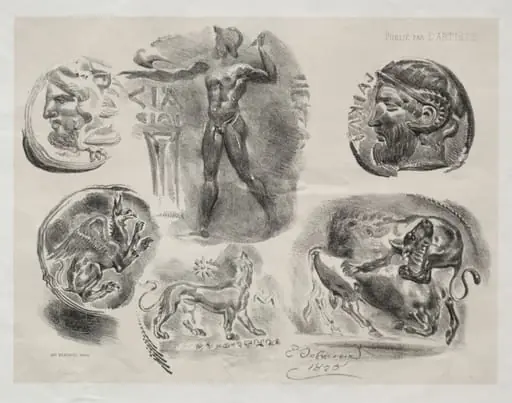 Sheet with Six Antique Medals, by Eugène Delacroix