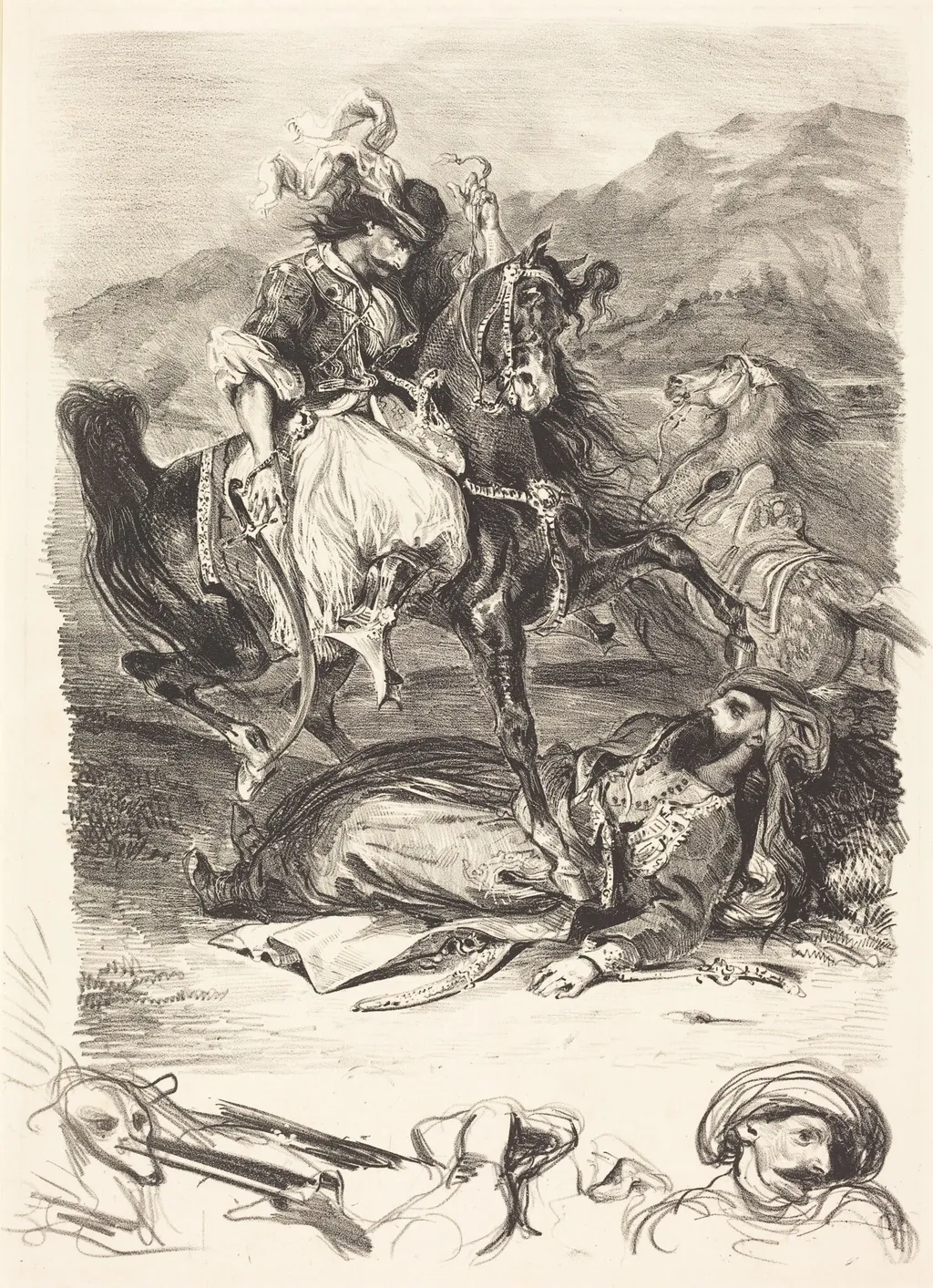 The Battle of the Giaour and the Pasha (Combat du Giaour et du Pacha), by Eugène Delacroix, ink, 1827