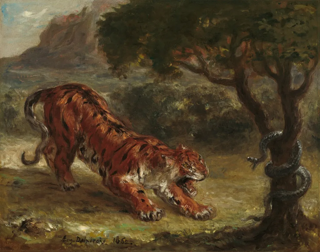 Tiger and Snake, by Eugène Delacroix, oil, 1862