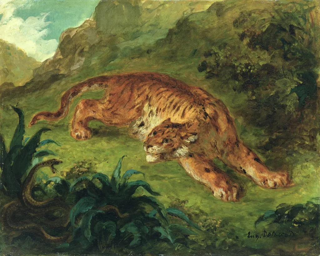 Tigre effrayé par un serpent, by Eugène Delacroix, oil, 1854