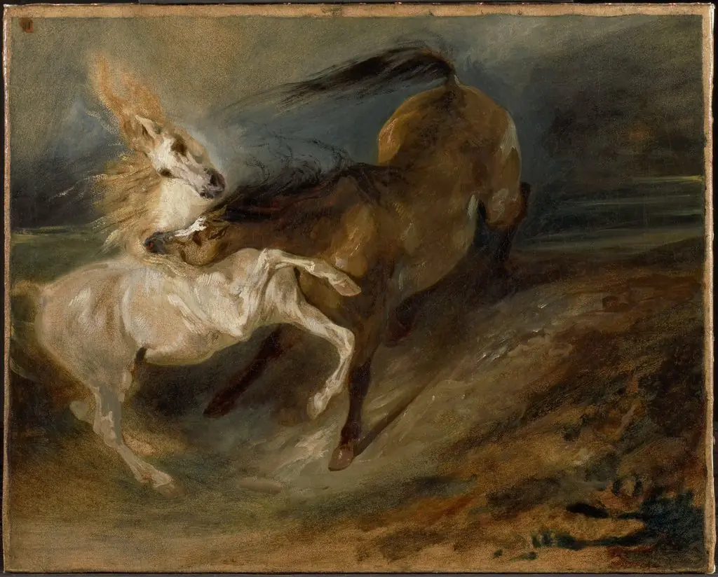 Two Horses Fighting in a Stormy Landscape, by Eugène Delacroix