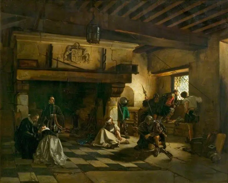 Interior with Armed Men and a Family Group, by Eugène Delfosse