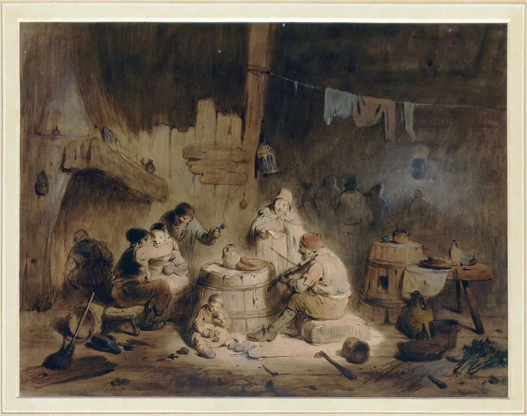 Boors in a beer shop, by Eugène-François de Block, watercolor, 1830