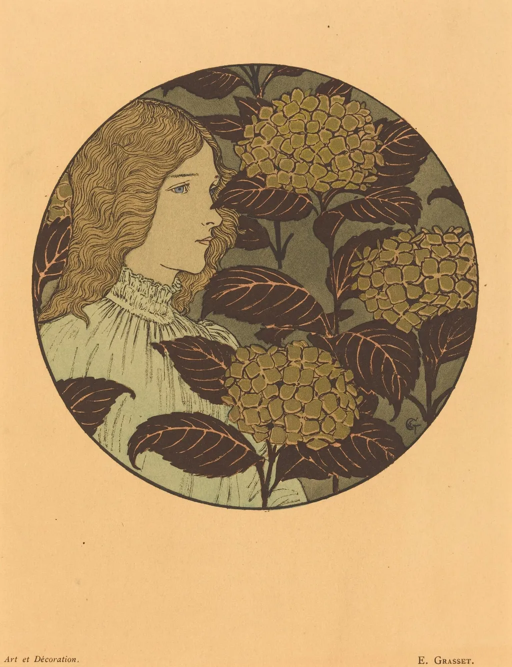 Roundel Portrait of a Girl, by Eugène Grasset, ink, 1879