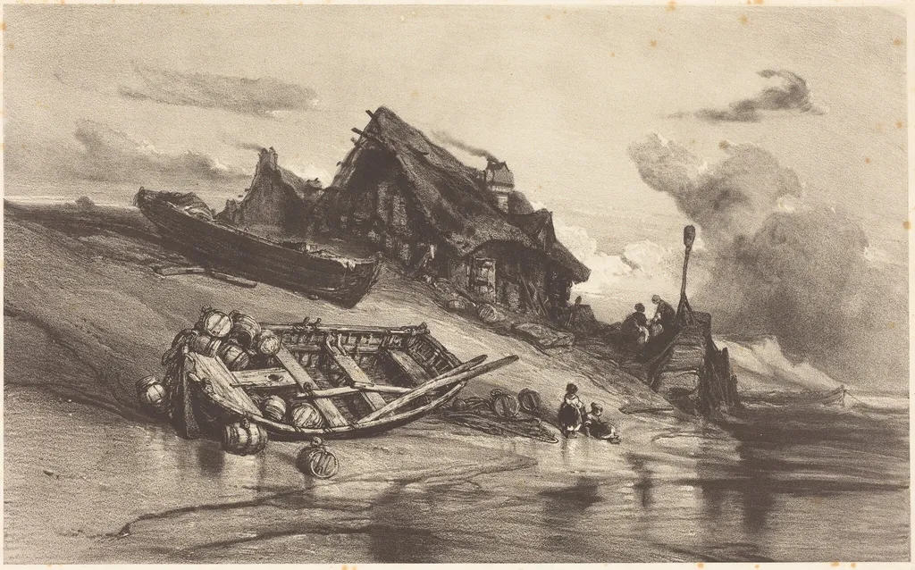 Chaumières de pêcheurs, by Eugène Isabey, ink, 1844