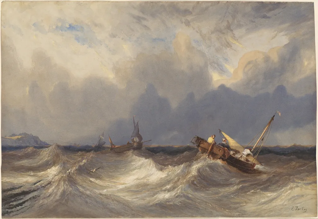 Fishing Boats Tossed before a Storm, by Eugène Isabey, ink, 1840