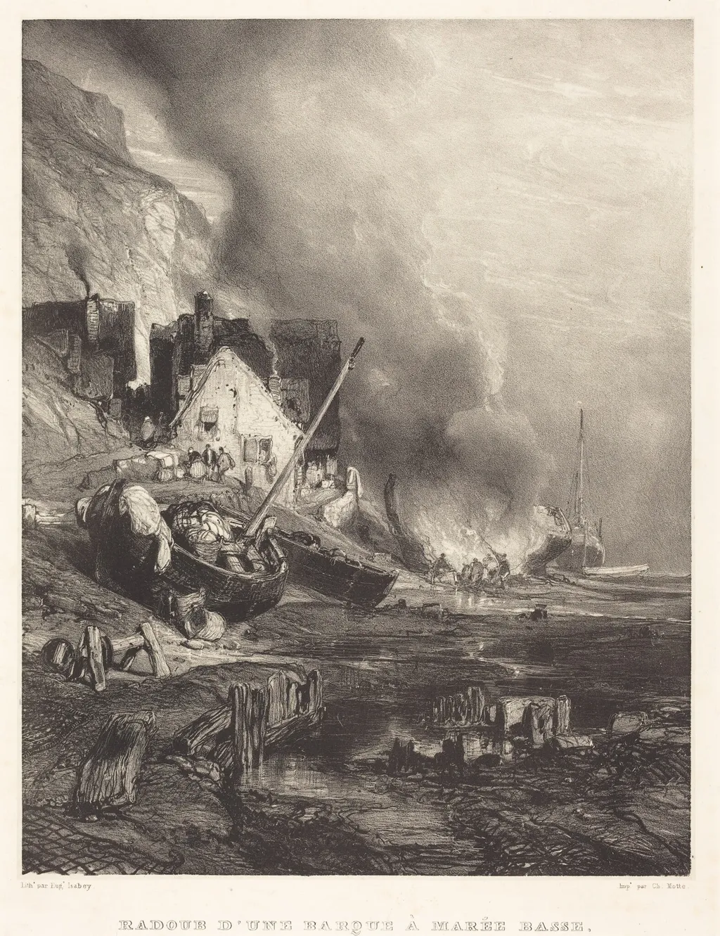 Radoub d'une Barque à la Marée Basse (Refitting of a Ship at Low Tide), by Eugène Isabey, ink, 1833