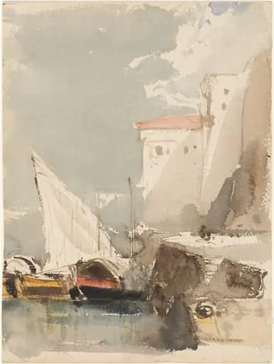 Sailboats in a Sunlit Harbor (recto), by Eugène Isabey