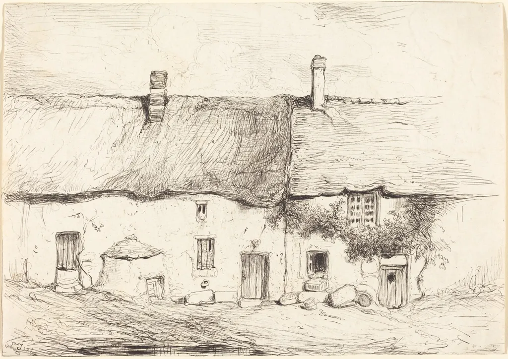 Two Cottages, by Eugène Isabey, ink, 1844