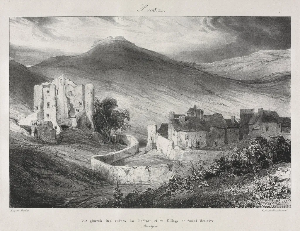Voyages pittoresques et romantiques dans l'ancienne France, Auvergne: Ruines du château et du village de Saint Nectaire, by Eugène Isabey, 1831