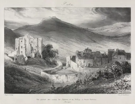 Voyages pittoresques et romantiques dans l'ancienne France, Auvergne: Ruines du château et du village de Saint Nectaire, by Eugène Isabey