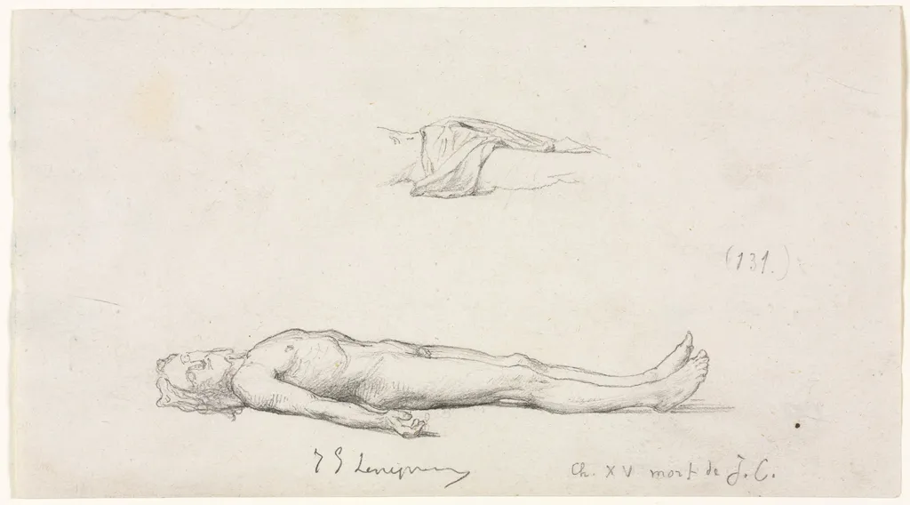 Sketch of the Dead Christ, and Detail Sketch of Loincloth, by Eugène Lenepveu, 1804