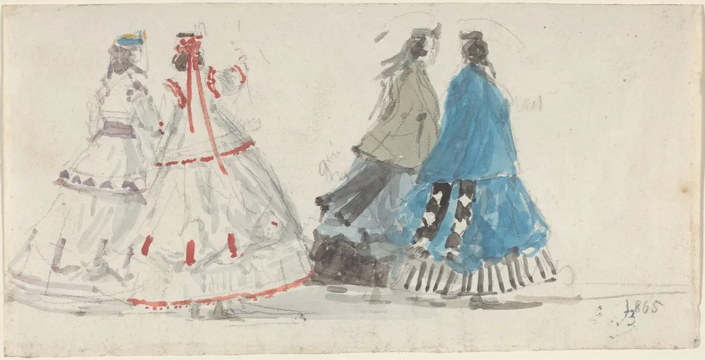Four Ladies in Crinolines Walking at Trouville, by Eugène Louis Boudin, graphite, 1865