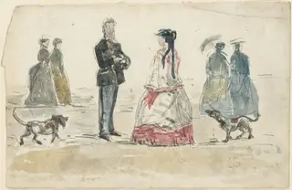 Ladies and Gentleman Walking on the Beach with Two Dogs, by Eugène Louis Boudin