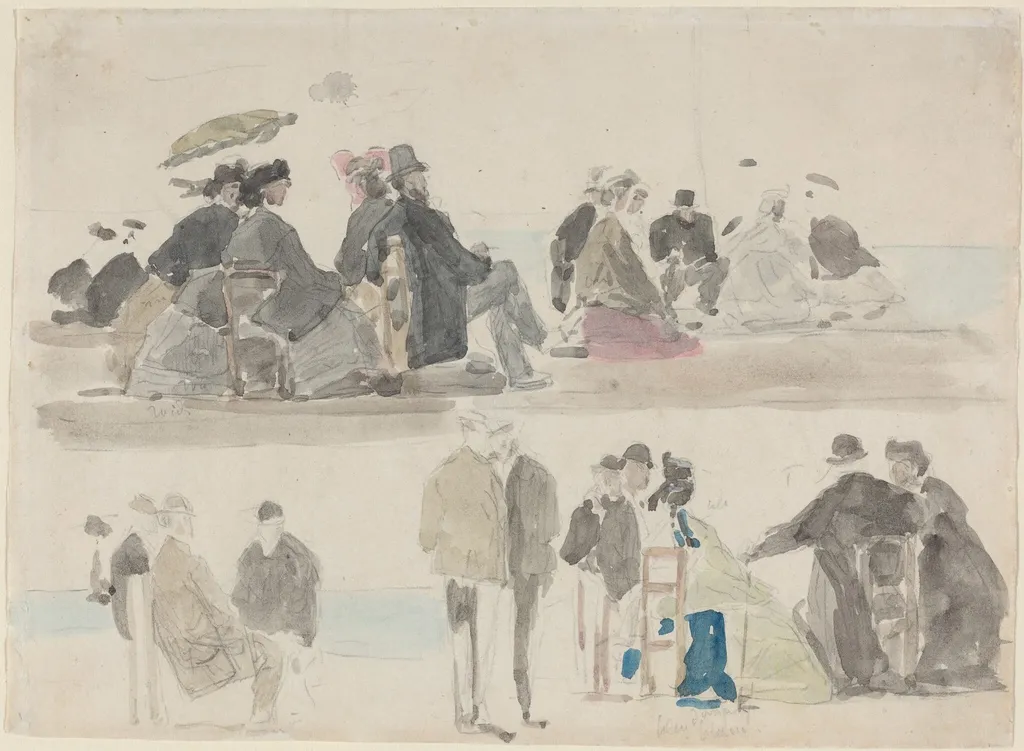 Ladies and Gentlemen on the Beach, in Two Registers, by Eugène Louis Boudin, graphite, 1865
