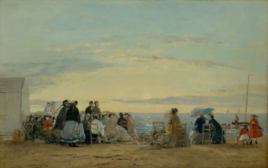 On the Beach, Sunset, by Eugène Louis Boudin, oil, 1865