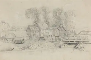 River Landscape with Buildings, Boats, and Figures, by Eugène Louis Boudin