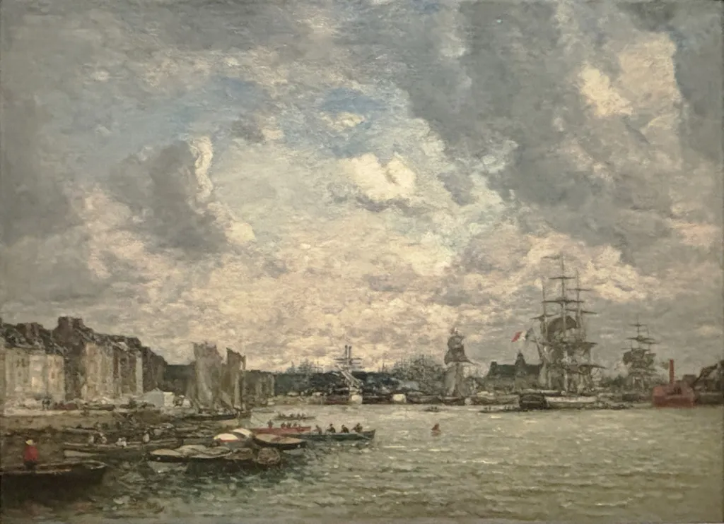 Sailing Ships in Port, by Eugène Louis Boudin, oil, 1869