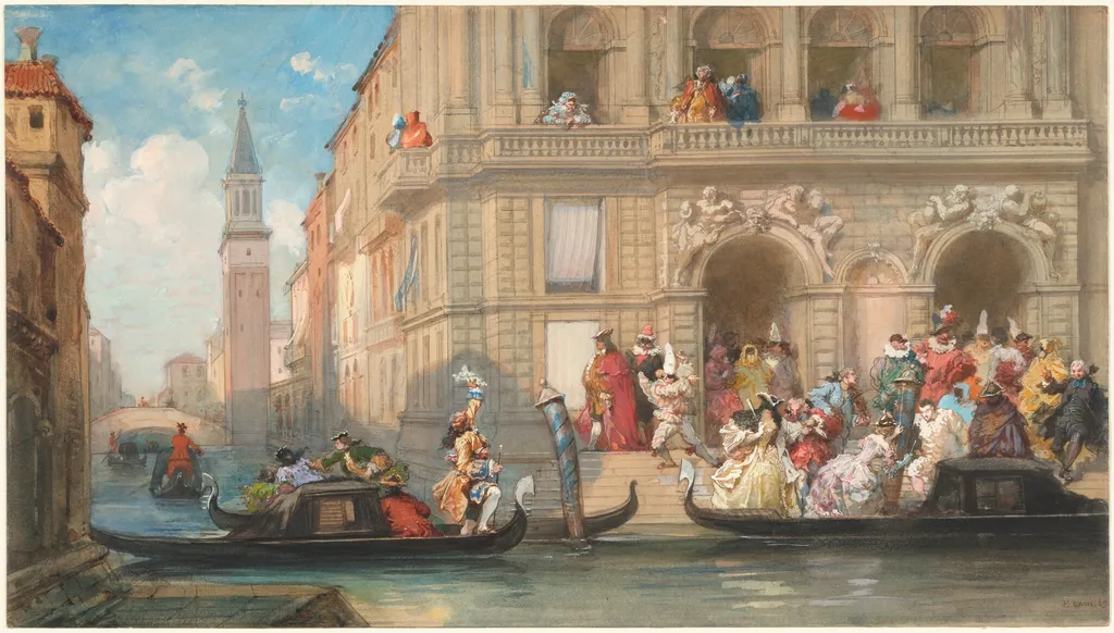 Masqueraders Boarding Gondolas before a Venetian Palazzo, by Eugène Louis Lami, ink, 1869
