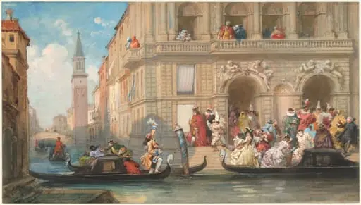 Masqueraders Boarding Gondolas before a Venetian Palazzo, by Eugène Louis Lami