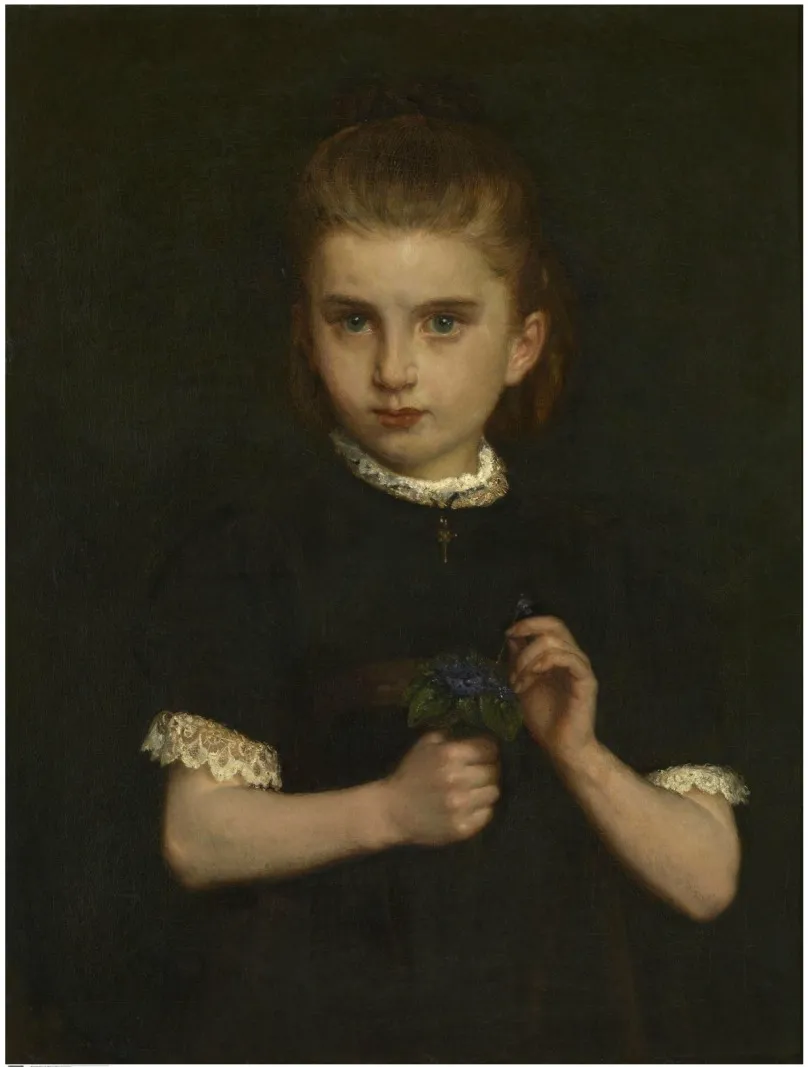 Girl holding a bouquet of violets, by Eugène Siberdt, oil, 1900