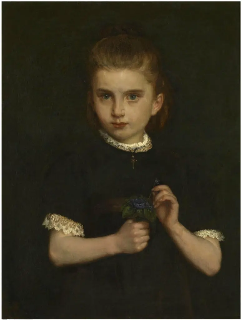 Girl holding a bouquet of violets, by Eugène Siberdt