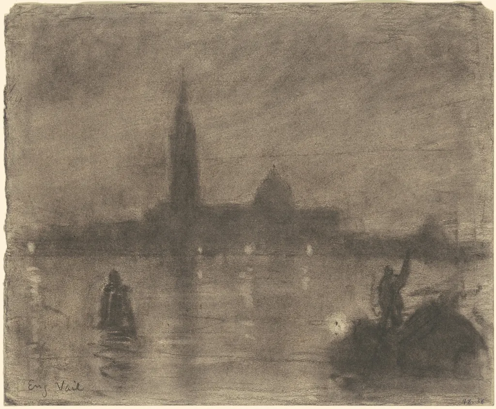 Evening, San Giorgio Maggiore, Venice, by Eugène Vail, charcoal, 1910