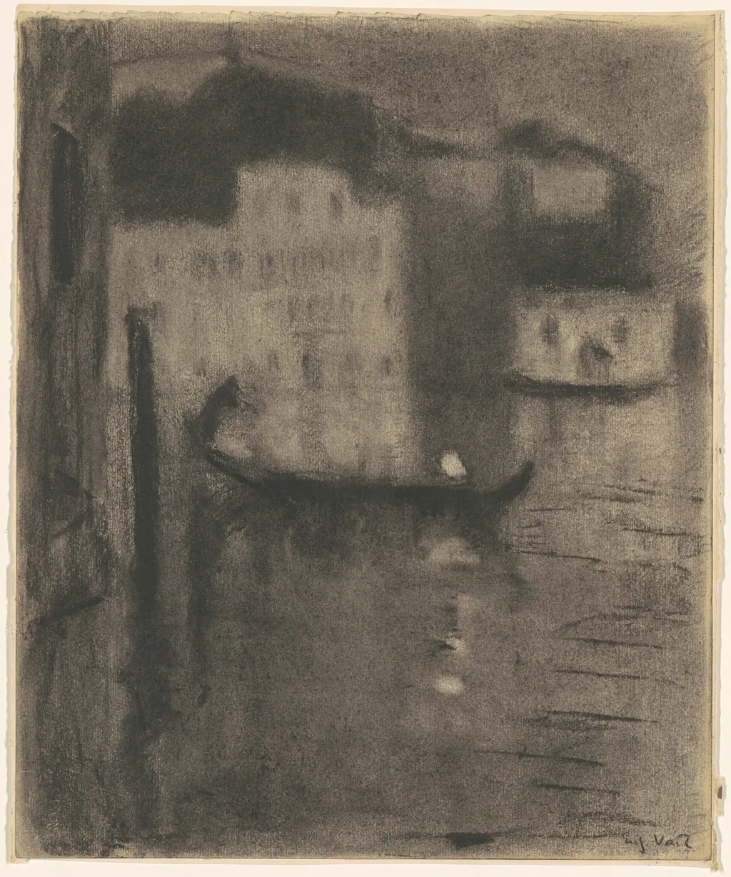 Gondola, Evening in Venice, by Eugène Vail, charcoal, 1910