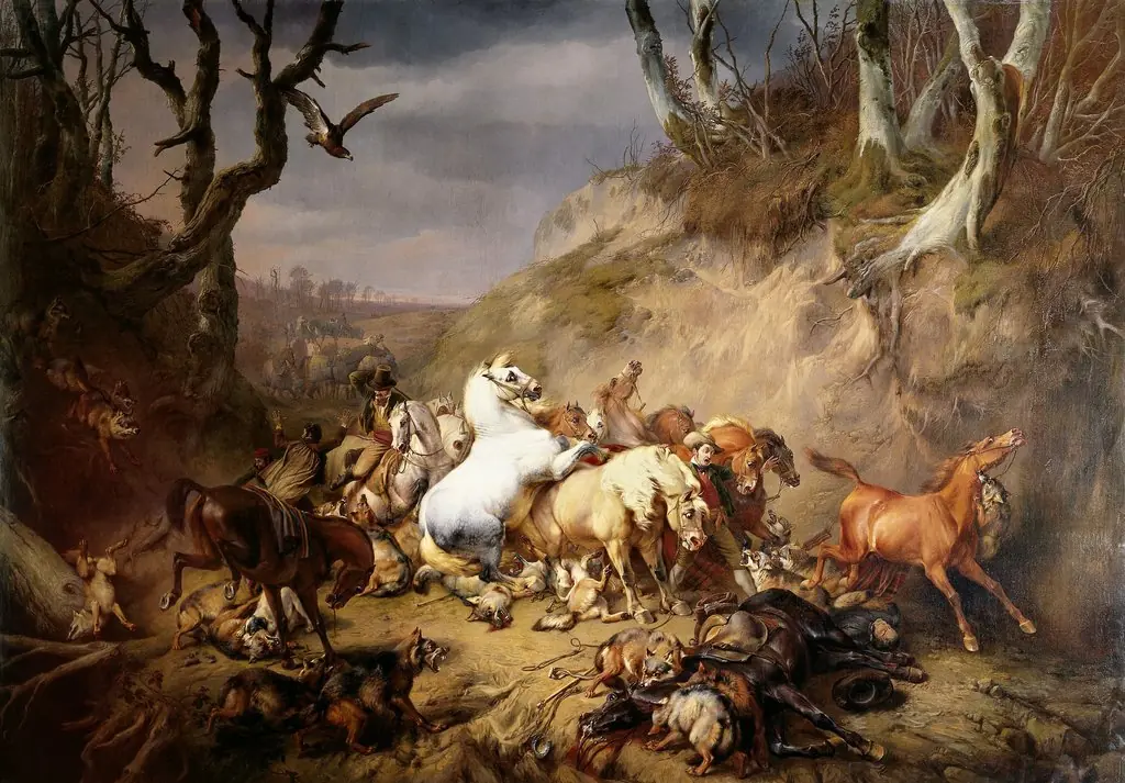 Hungry Wolves Attack a Group of Riders, by Eugène Verboeckhoven