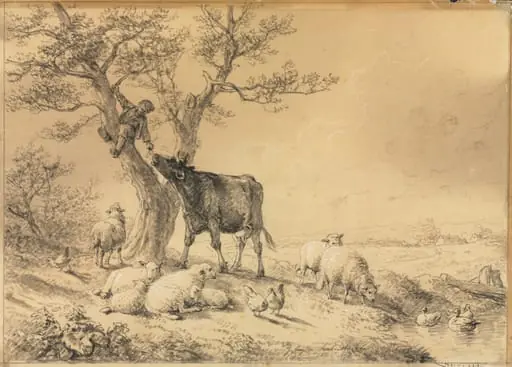 Landscape with Animals and Boy in Tree, by Eugène Verboeckhoven