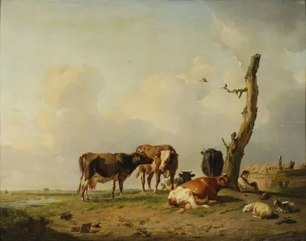 Landschap met herder en vee bij een boom, by Eugène Verboeckhoven, oil, 1824