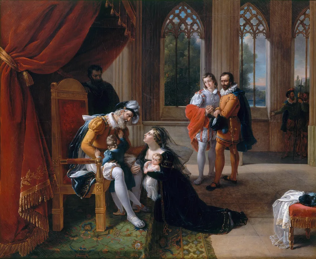 Inès de Castro and Her Children Throwing Themselves at the Feet of King Alphonso IV of Portugal, by Eugénie Servières, oil, 1822