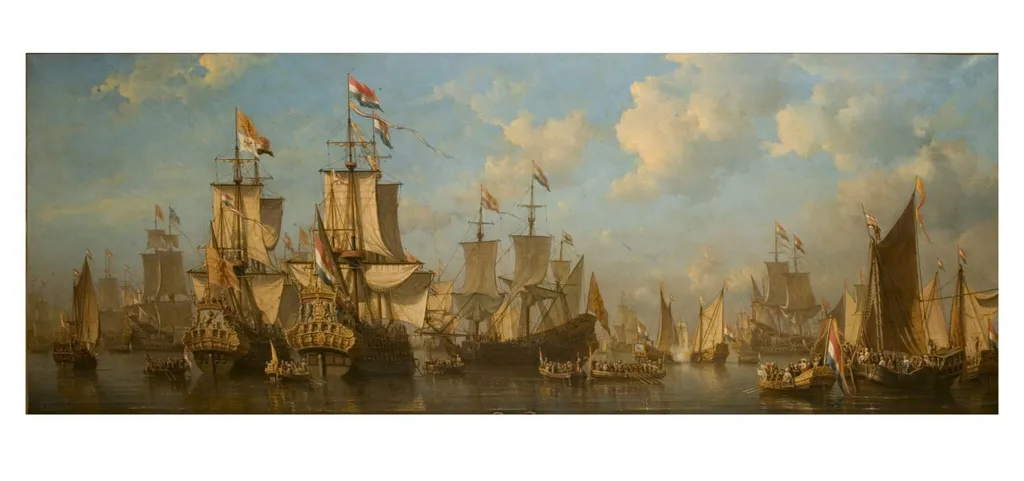 The Prince of Orange, afterwards King William III, Embarking at Hellevoetsluis for England in 1688, by Everhardus Koster, oil, 1859