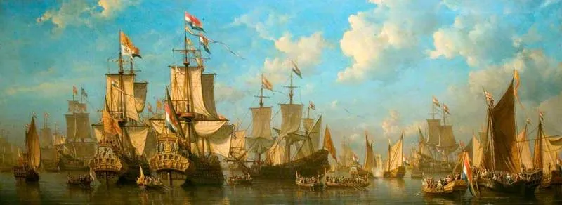 The Prince of Orange, afterwards King William III, Embarking at Hellevoetsluis for England in 1688, by Everhardus Koster, oil, 1864