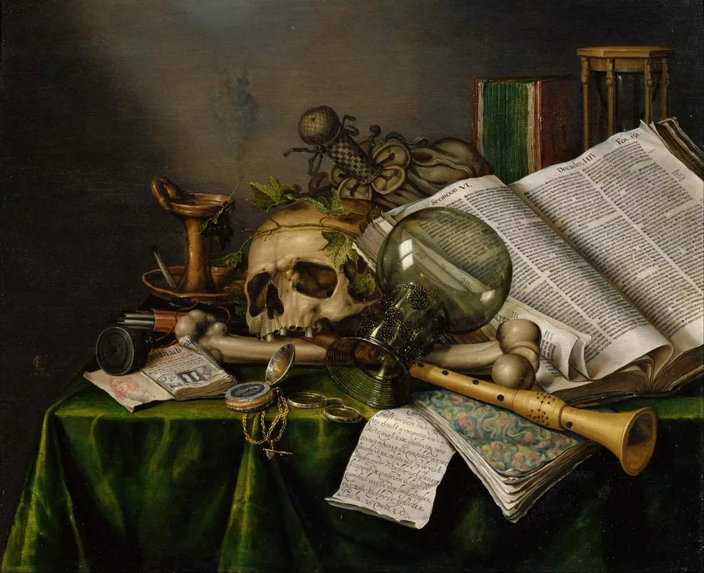 Vanitas, Still Life with Books and Manuscripts and a Skull, by Evert Collier, oil, 1663