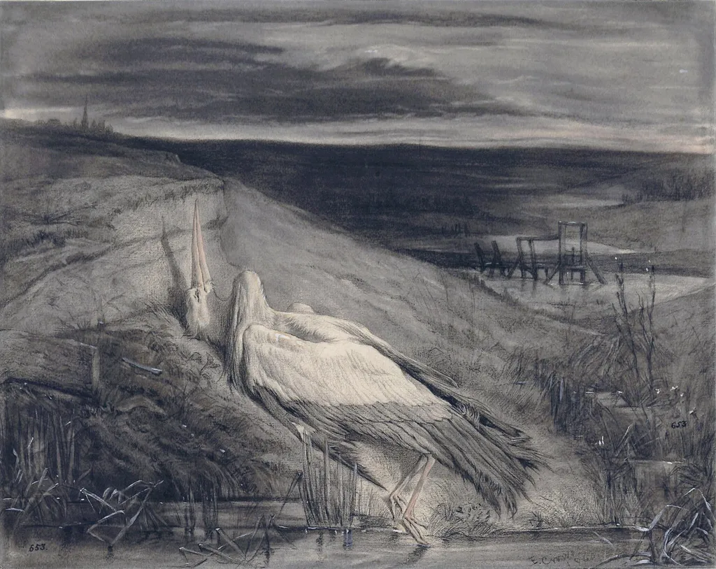 A dead stork on the bank of a stream, by Eyre Crowe, 1860