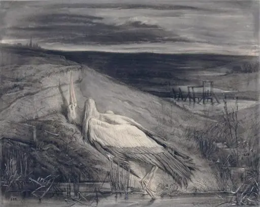 A dead stork on the bank of a stream, by Eyre Crowe