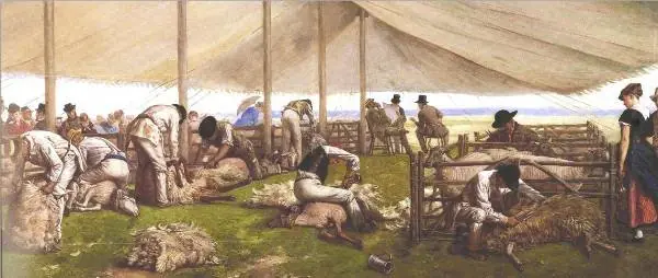 A sheep shearing match, by Eyre Crowe