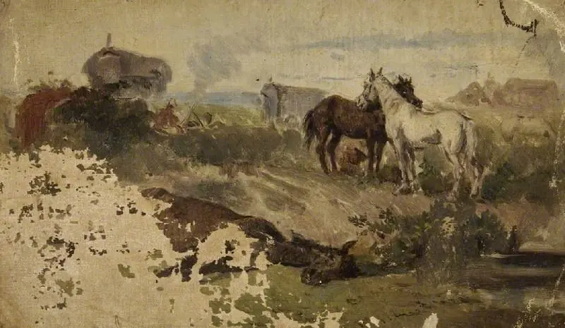 Horses in a field with gypsies and a caravan, by Eyre Crowe