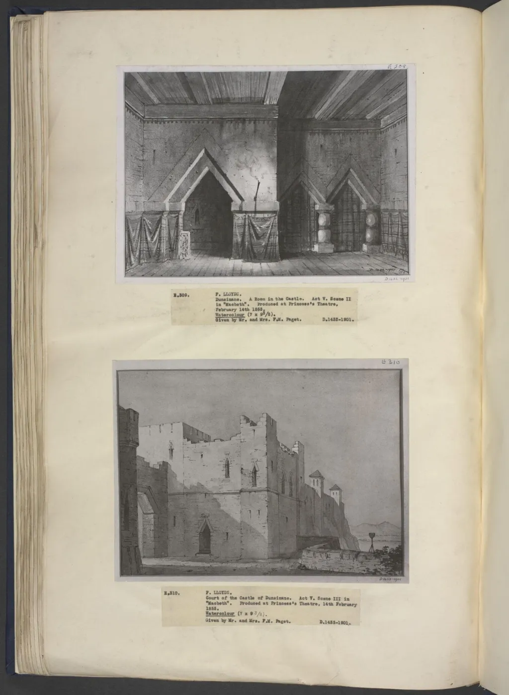 drawing of scenery and props in Macbeth, by F. Lloyds, 1855