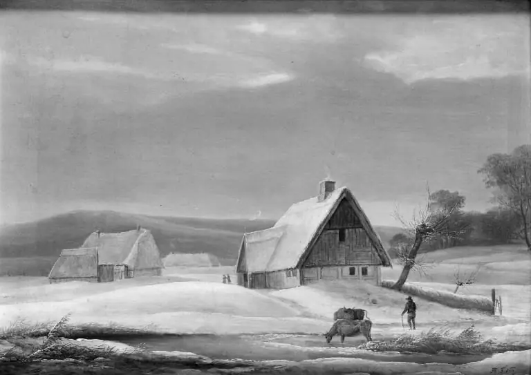 Vinterlandskab med to gårde ved en tilfrossen å, by F.M.E. Fabritius de Tengnagel