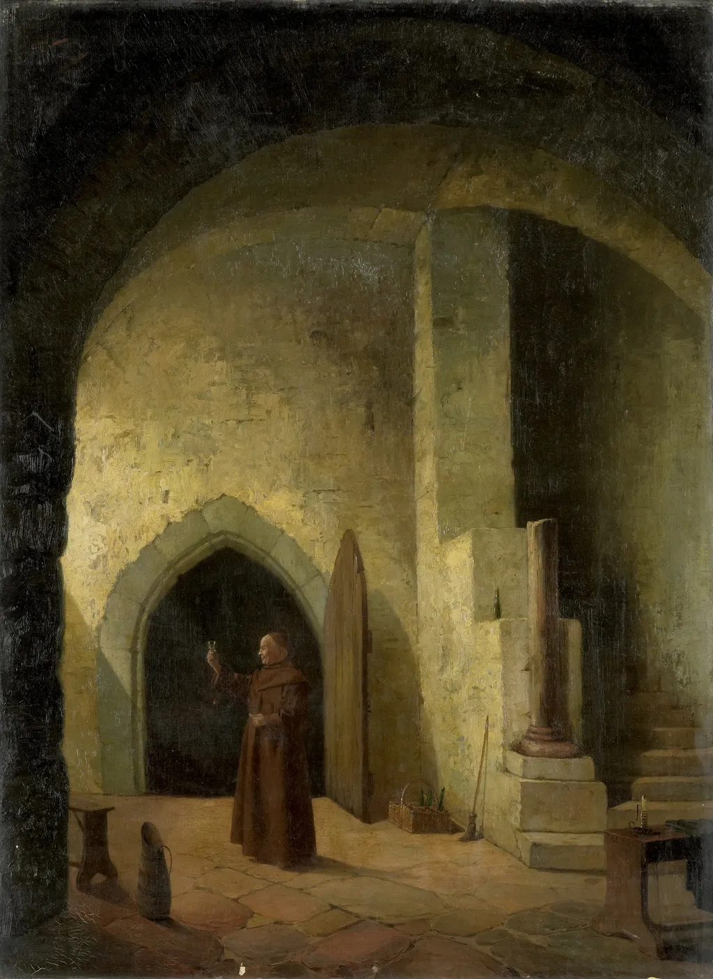 Een monnik met een glas in de hand in een kelder, by F. Taupel, oil, 1850