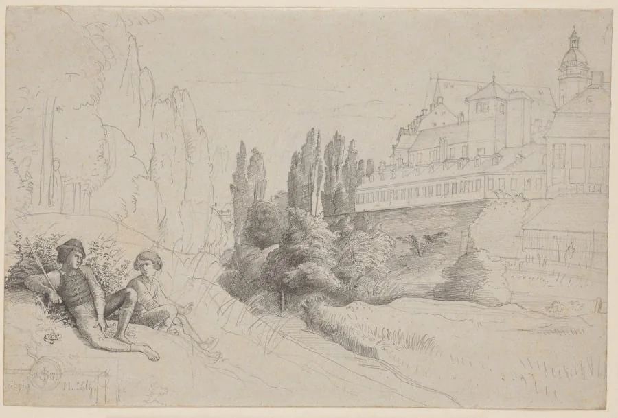 View across the Moat towards the Thomasschule and the Thomaskirche in Leipzig, detail