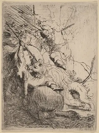 The Small Lion Hunt (with One Lion), by Rembrandt van Rijn, ink, 1629