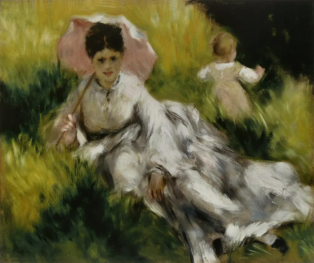 Woman with a Parasol and Small Child on a Sunlit Hillside, by Auguste Renoir, oil, 1874