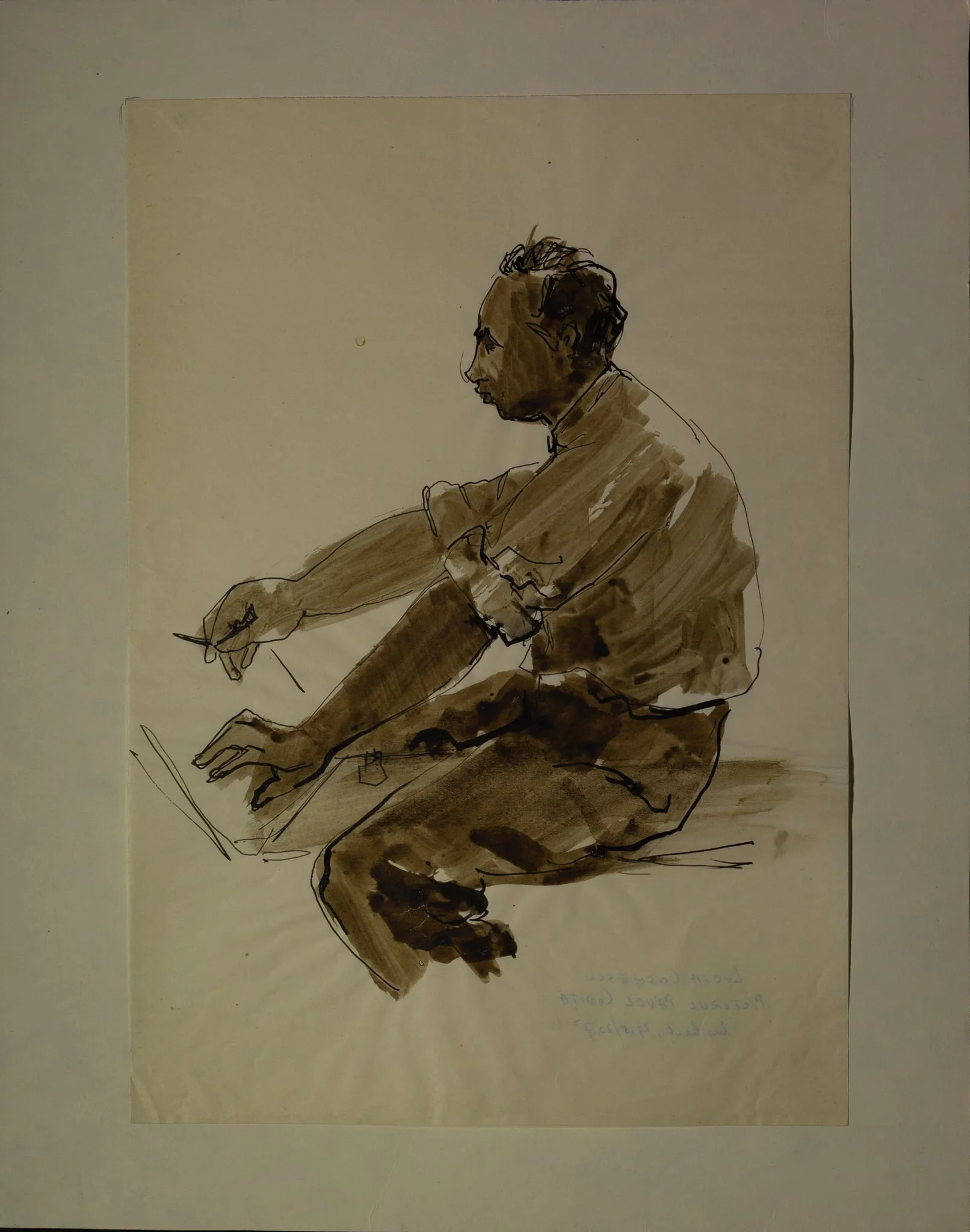 Portret al pictorului Pavel Codiță, din profil, spre stânga. Redat până la brâu, așezat, desenând. Lucia Cosmescu (1916-1969) a fost pictoriță și graficiană româncă, Născută în Galați, a făcut studii de pictură la Academia de Arte Frumoase din București., detail