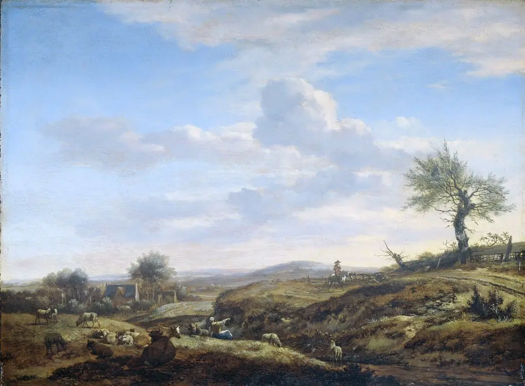 Hilly landscape with high road, by Adriaen van de Velde, oil, 1666