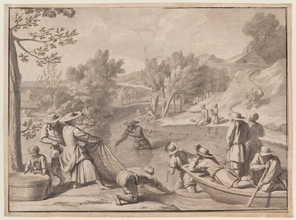 August: Fishing, by Claude Simpol, chalk, 1700