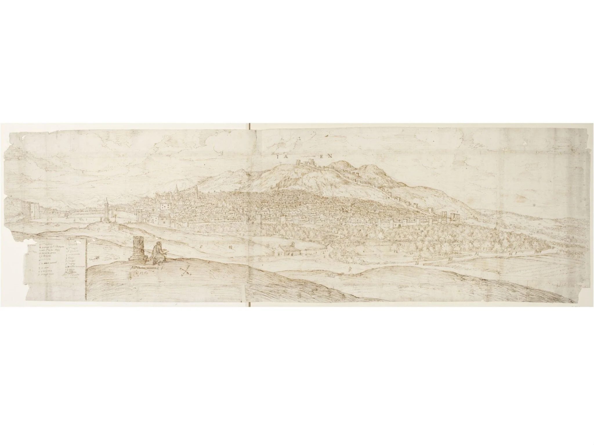 Panoramic View of Jaén, with the Figure of a Man Sketching in the Foreground, detail