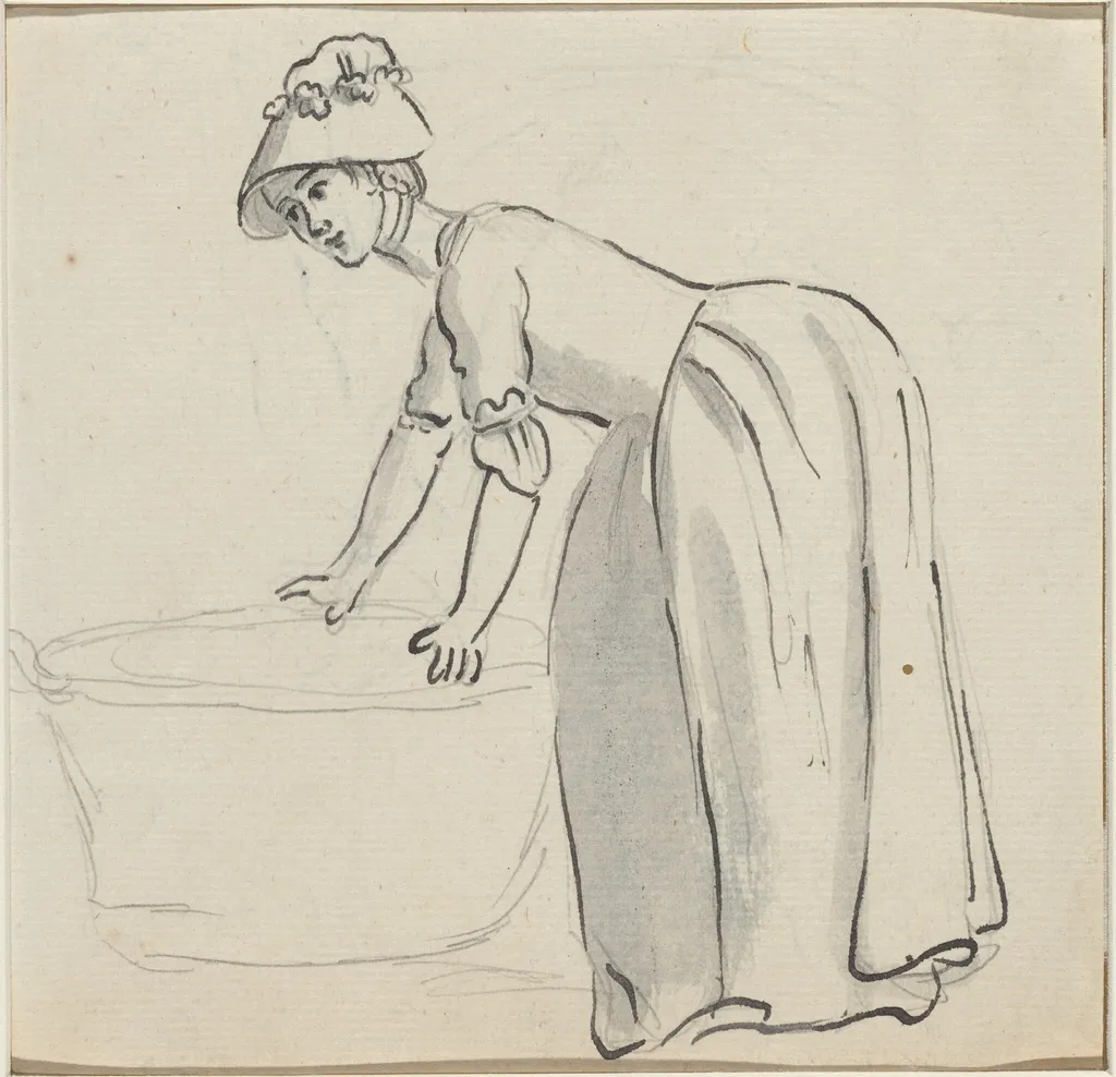 Girl with a Bonnet at Work [recto], by Paul Sandby, ink, 1770